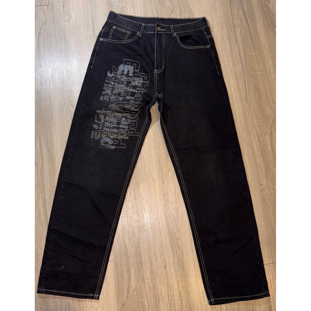 Ecko Unltd Rhino Brand Black Jeans White Contrast Stitch Y2K Streetwear Size 32